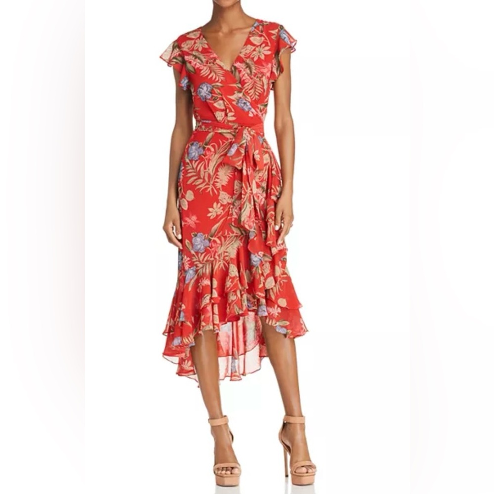 Red Floral Wrap Midi Dress with Ruffle Hem